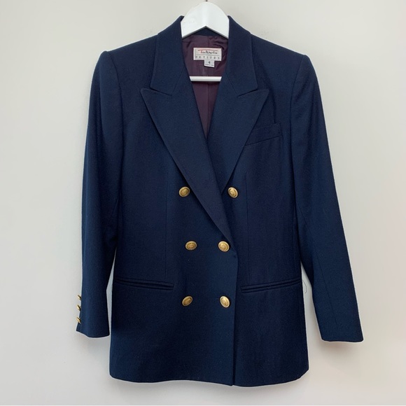 Vintage 80s 90s Talbots Blazer Double Breasted Gold Buttons Navy Blue 4P Wool - Picture 6 of 11